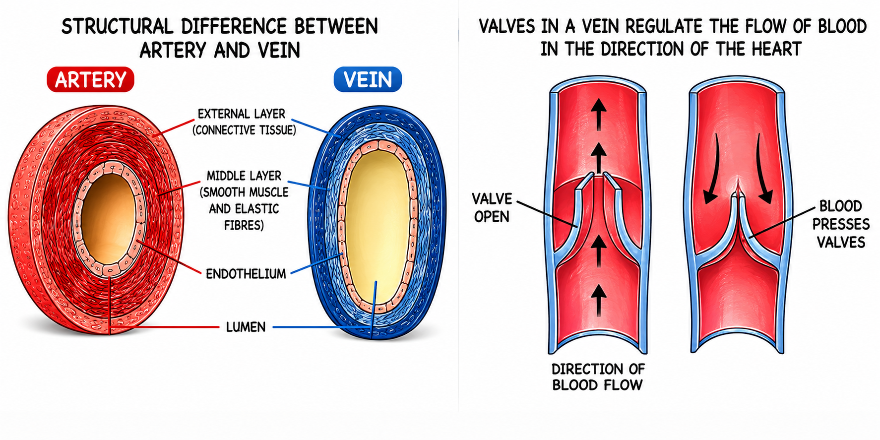 Fig 7.10 & 7.11: Artery vs Vein Structure and Valves